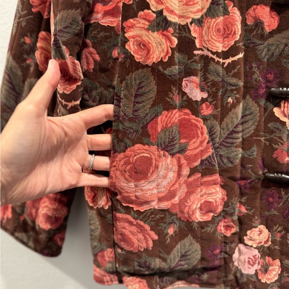 Vintage Floral Print Velvet Quilted Jacket Toggle Cottagecore Prairie Artsy Boho - Picture 5 of 9